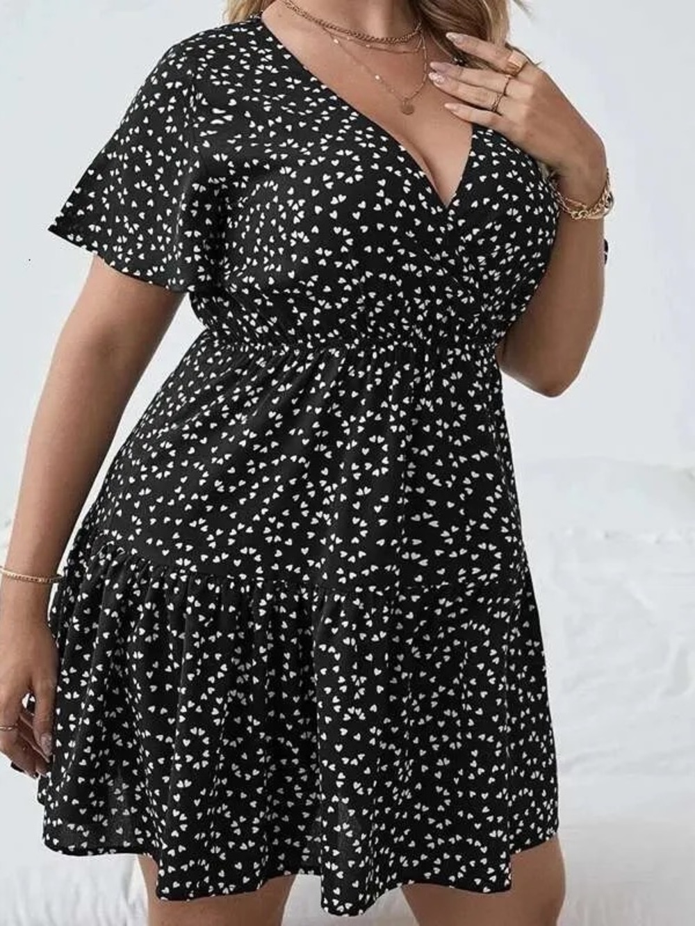 SHEIN Dark Navy & White Heart Polka Dot V-Neck Mini Dress